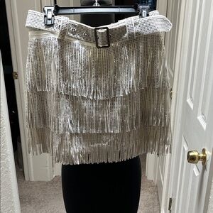 White and Silver Sparkle Fringe Western Style Skirt by Nylon Size Large
